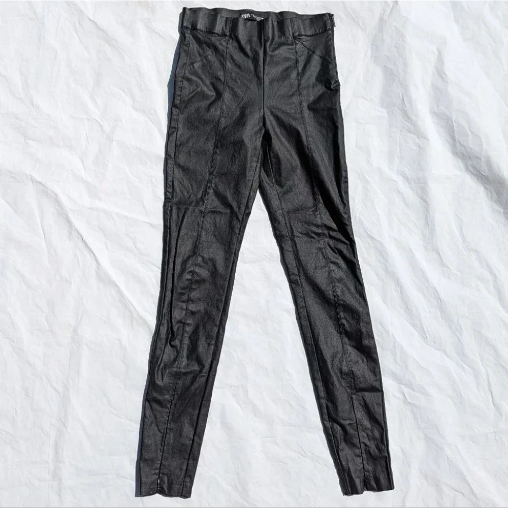 Zara Vegan Leather  Black Pants with Zip Up Front Ankles - Size Small